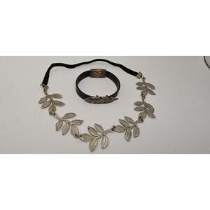 Vintage Sterling Silver and Leather Leaf Necklace Bracelet Set Botanical Boho